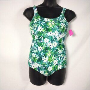 Green, Blue & White Floral Round Neck One Piece Swimsuit Size 14 Brazilian Butt